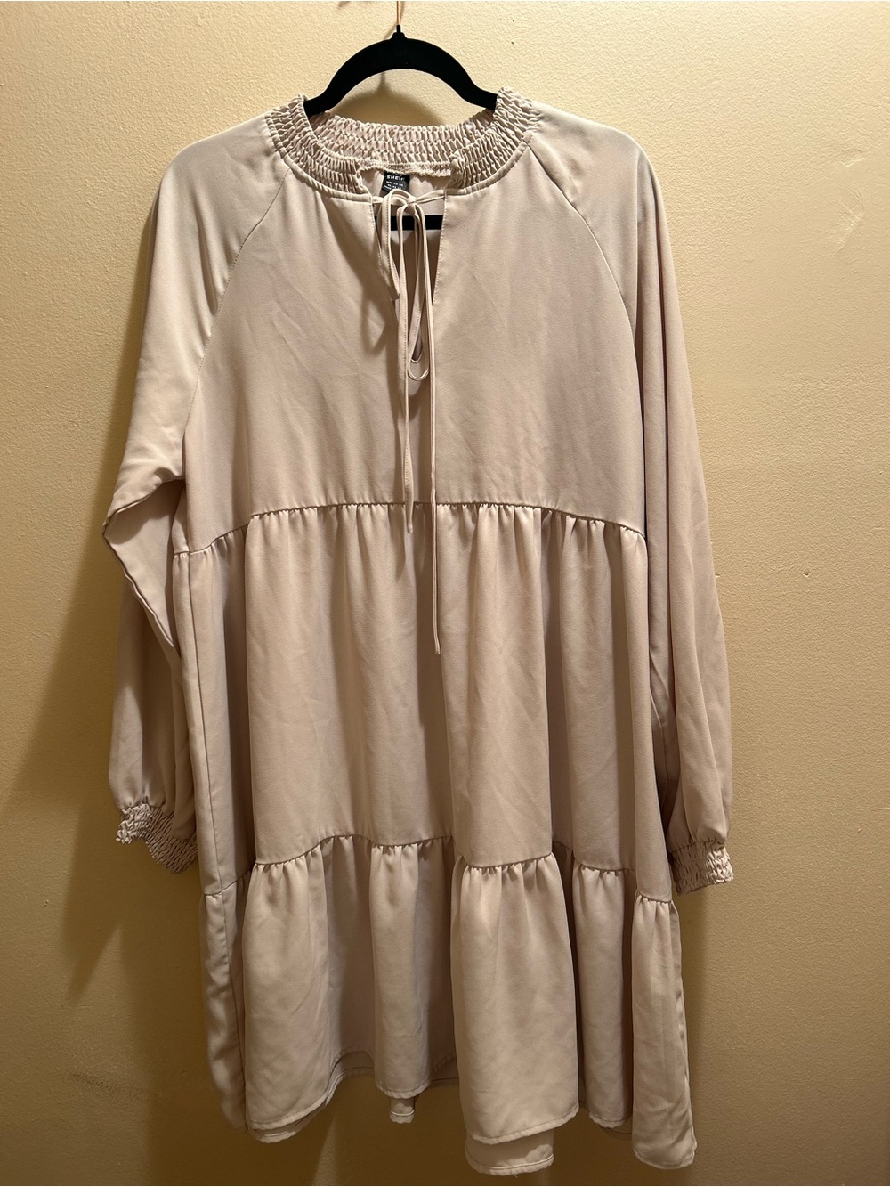 SHEIN Beige Long Sleeve Tiered Babydoll Dress